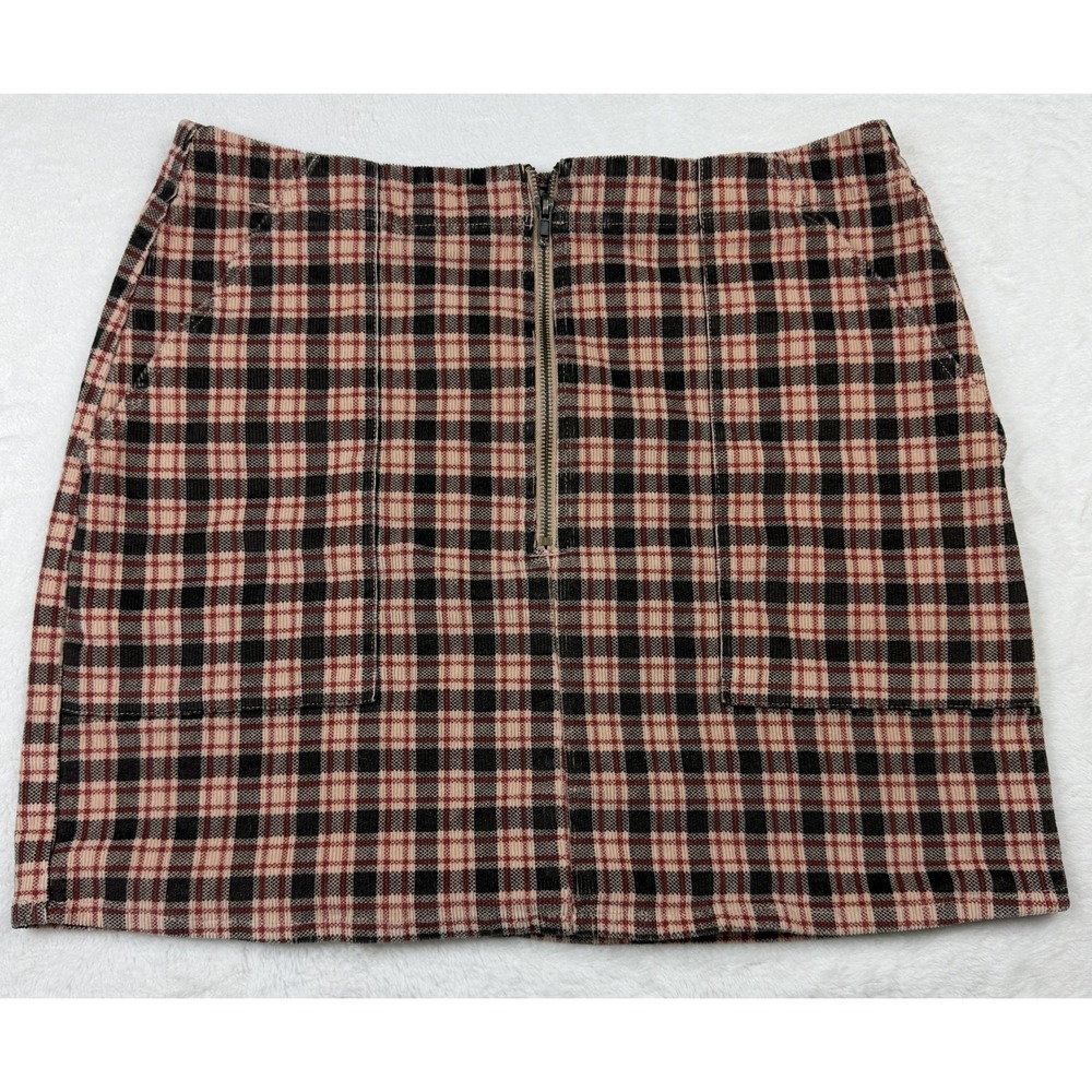 Wild Fable Plaid Corduroy Mini Skirt Size 16 Tan Black Red Zip Front Pockets